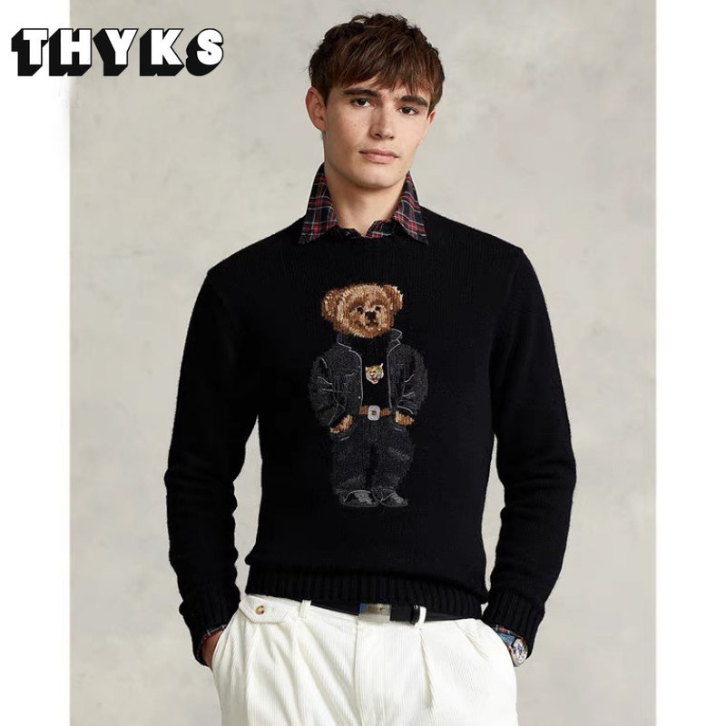 Men Embroidery Bear Sweater Casual Winter Clothing Fashion Long Sleeve Knit Pullover Cotton Jumper New Cartoon Coats